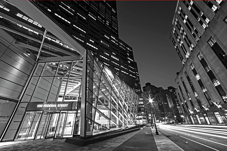 Federal Street at Night Glass Building Boston MA Black and White Photograph by Toby McGuire