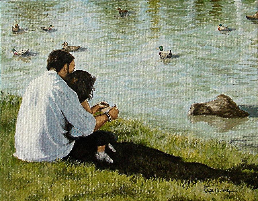 Feeding ducks with my Daddy Painting by Al  Molina