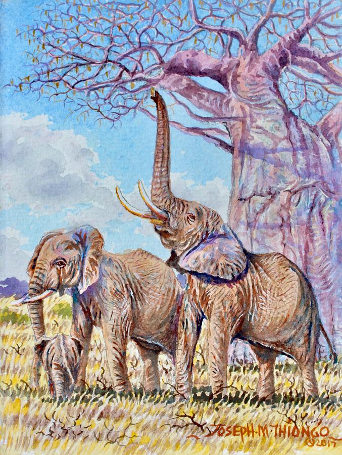 Feeding Elephants Painting by Joseph Thiongo