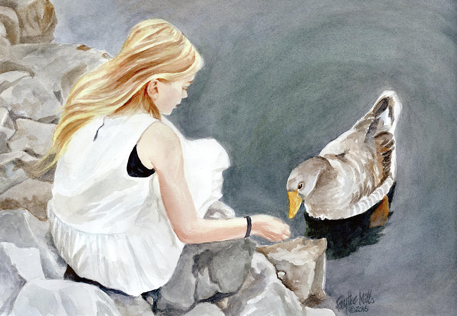 Geese Painting - Feeding Geese at Antons by Faythe Mills