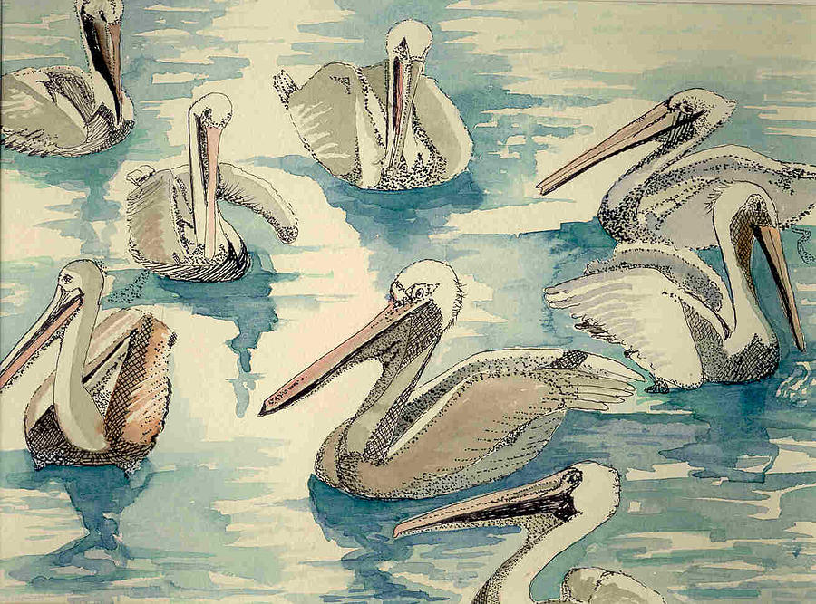 Pelicans Painting - Feeding Pelicans by Rebecca Marona Pelicans Painting - Feeding Pelicans by Rebecca Marona
