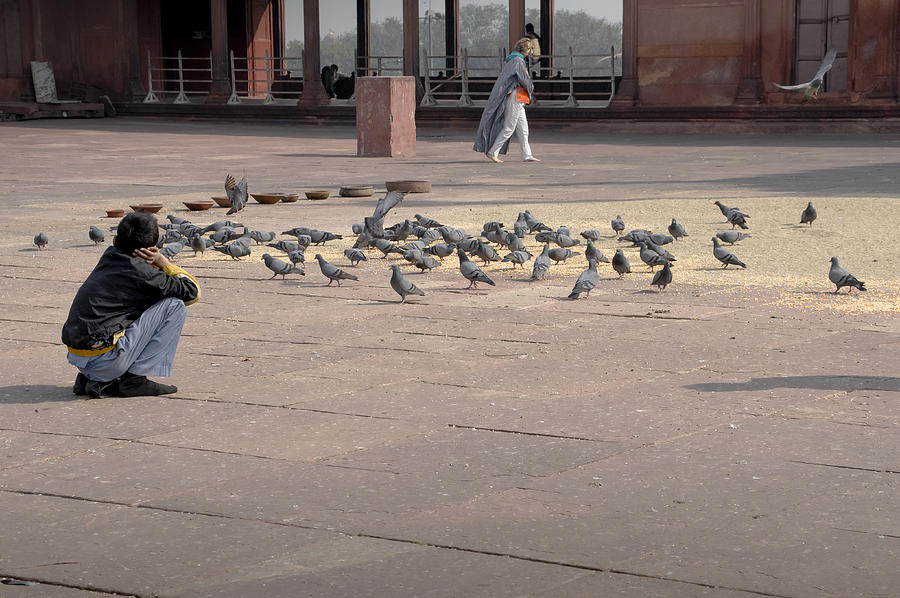 Feeding pigeons in Delhi mosque. Photograph by Elena Perelman