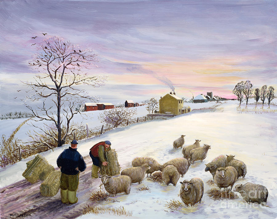 Sheep Painting - Feeding sheep in winter by Margaret Loxton