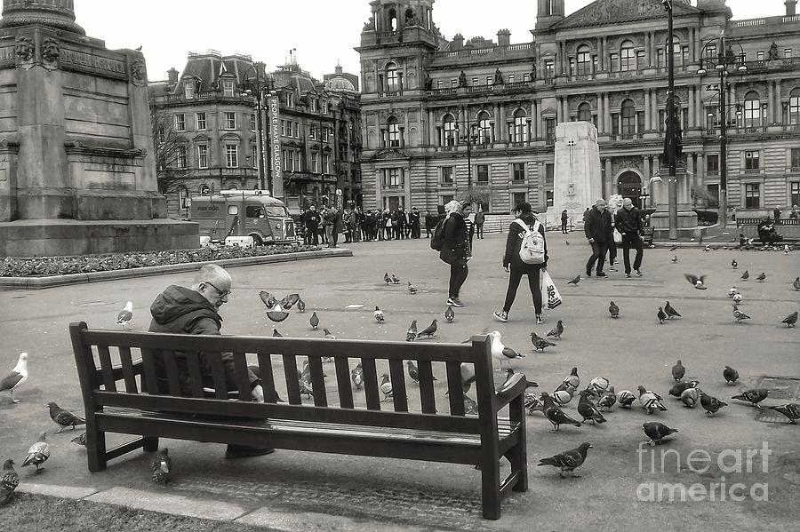 Feeding The Birds At George Square In Greyscale Photograph