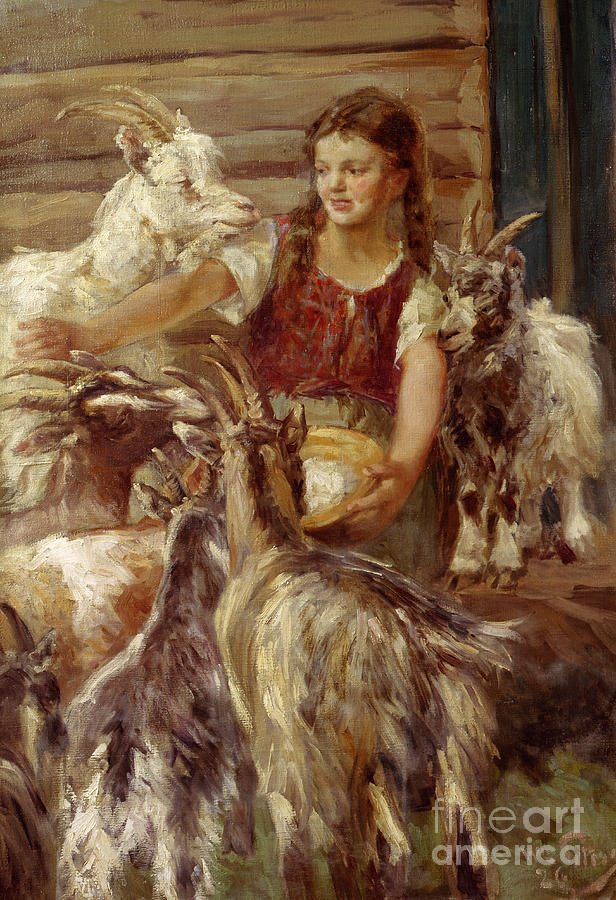 Feeding the goats Painting by Wilhelm Peters
