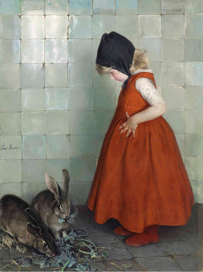 Feeding the Rabbits Painting by Paul Hoecker