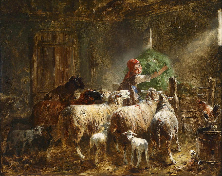 Feeding the sheep Painting by Otto Gebler