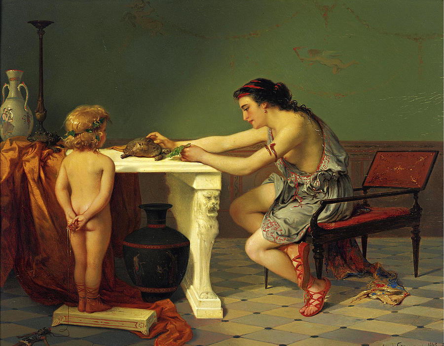 Feeding the Turtle Painting by Pierre Olivier Joseph Coomans