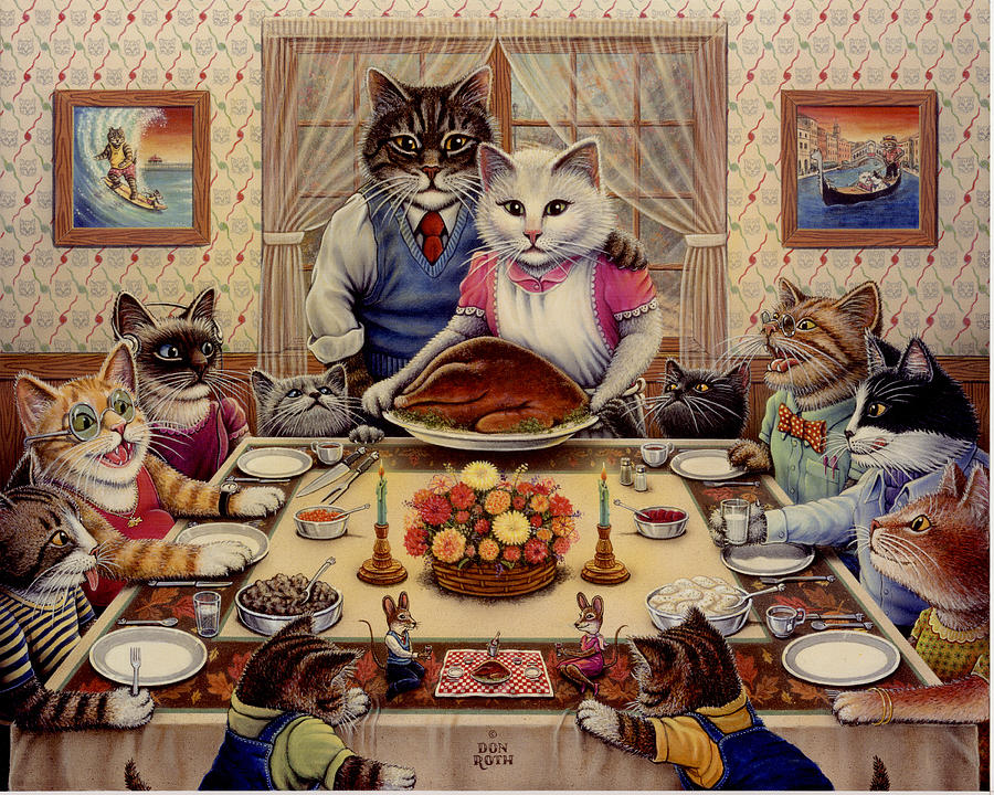 Cat Painting - Feline Family Feast by Don Roth