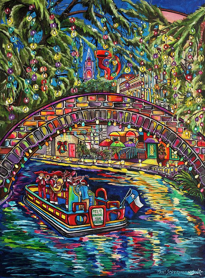 Barges On The River Painting - Feliz Navidad San Antonio by Patti Schermerhorn