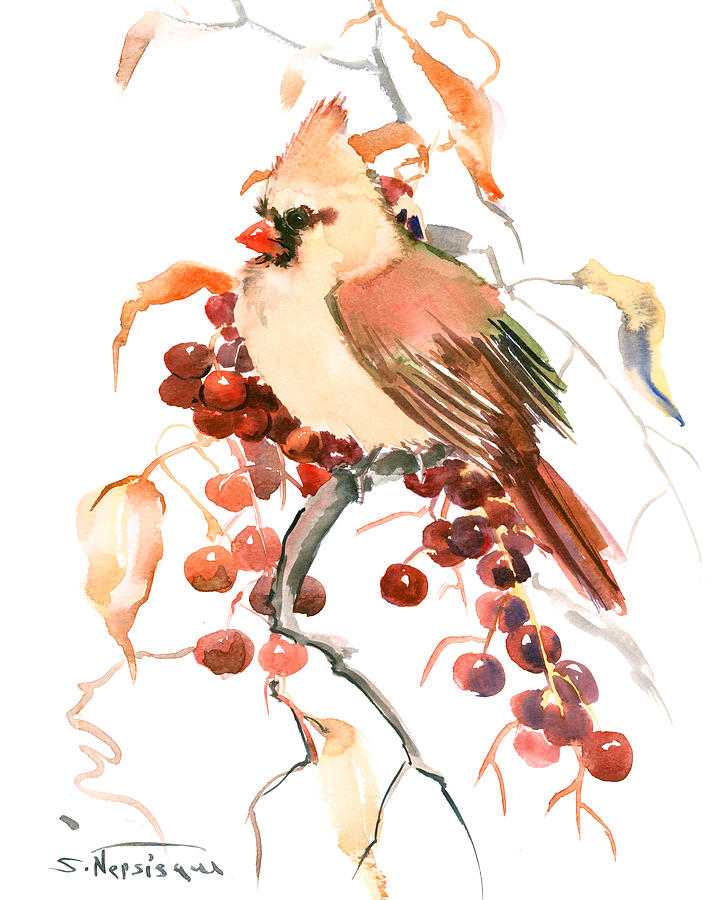 Female Cardinal Bird And Berries Painting by Suren Nersisyan