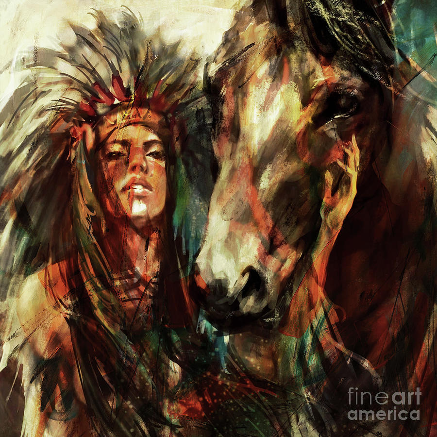 Feather Still Life Painting - Female Native American  by Gull G
