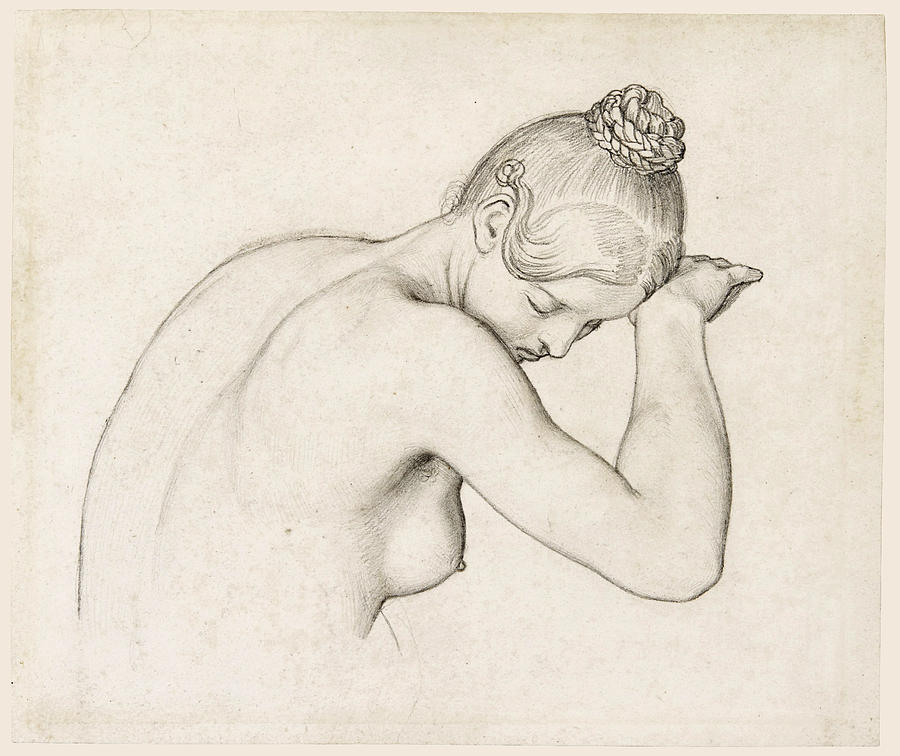 Female Nude Half Length Drawing by Wilhelm von Kaulbach