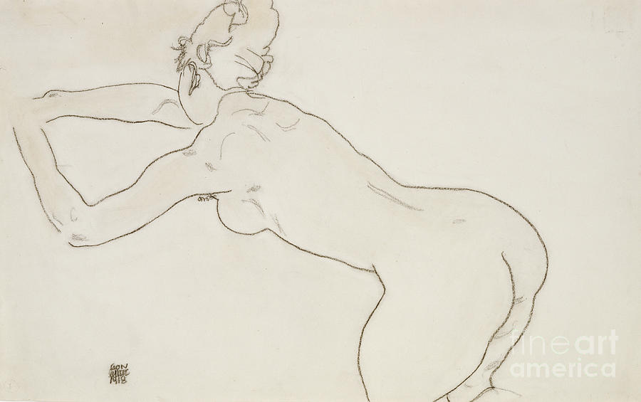 Egon Schiele Drawing - Female Nude Kneeling and Bending Forward to the Left by Egon Schiele