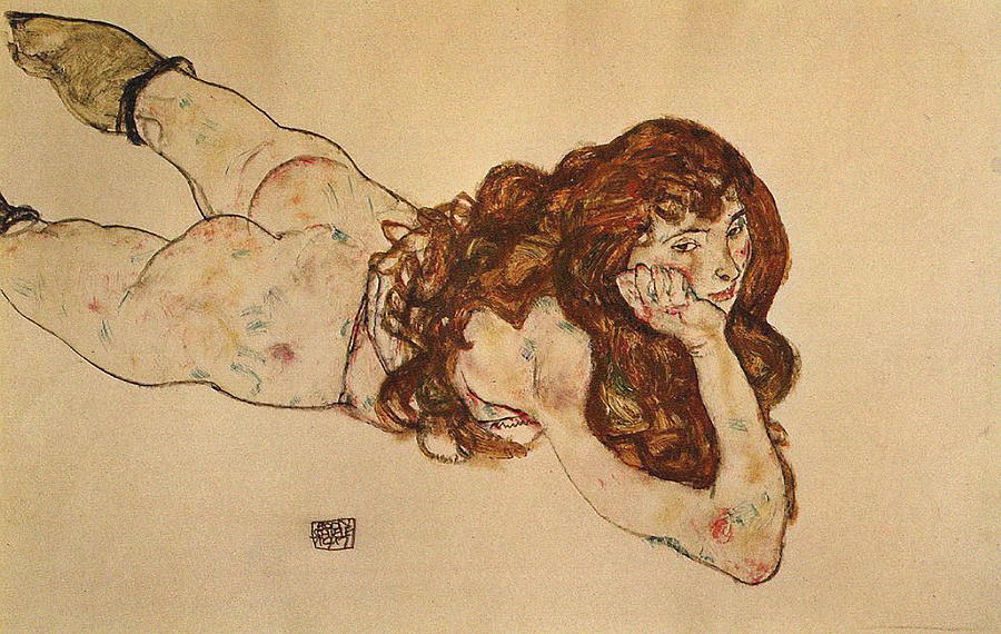 Paradise Painting - Female Nude Lying On Her Stomach 1917 by Egon Schiele