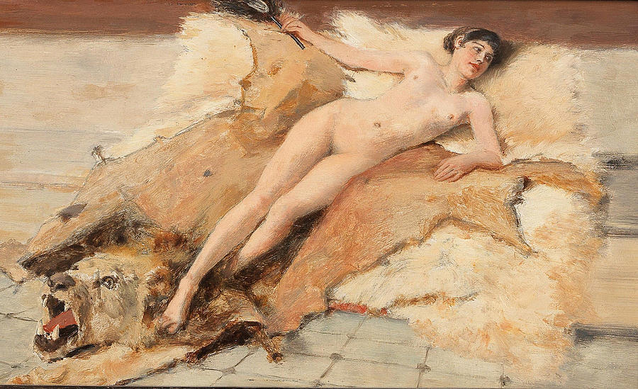 Female Nude on a Lion Pelt Painting by Albert von Keller