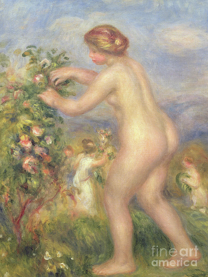 Female nude picking flowers Painting by Pierre Auguste Renoir