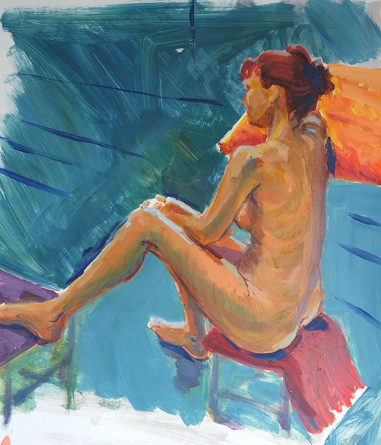 Female Nude sitting side view Painting by Mike Jory