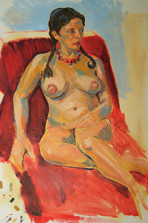 Female Nude With Brown Hair Plaited Wearing A Red Necklace Painting by Mike Jory