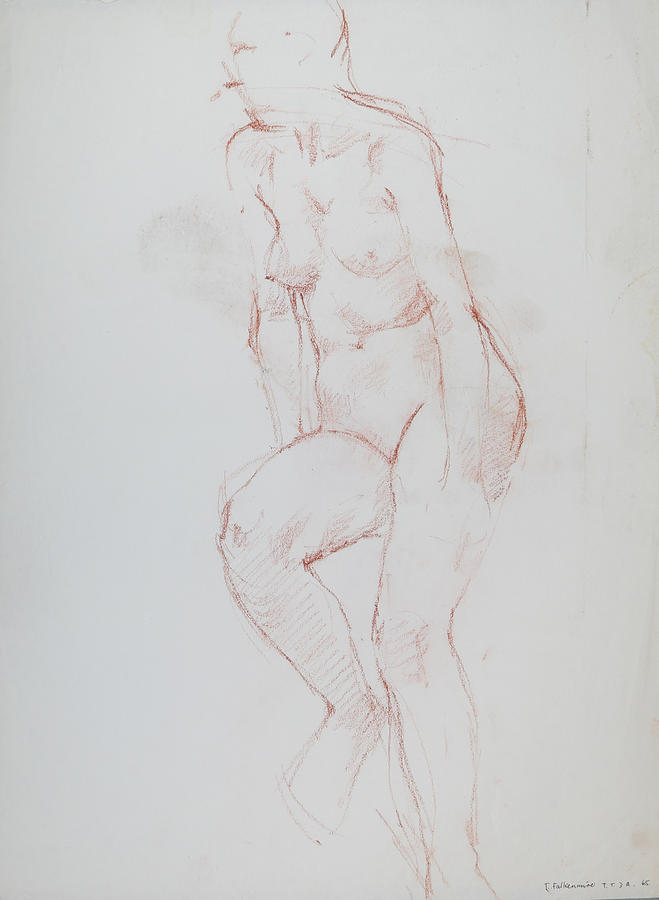 Female on high seat, raised right knee, leaning on straight right arm, student work. Drawing by Jon Falkenmire