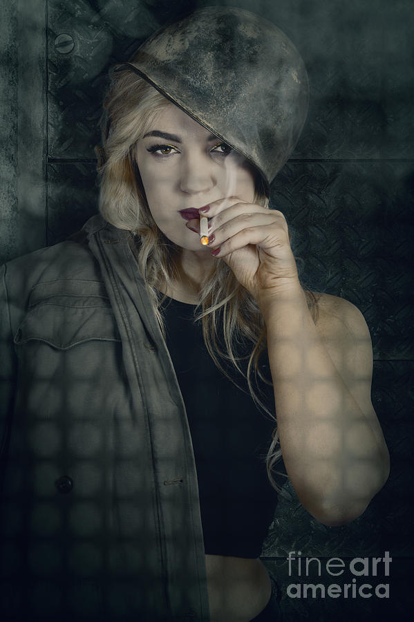 Platoon Movie Photograph - Female pinup soldier smoking cigarette in foxhole by Jorgo Photography