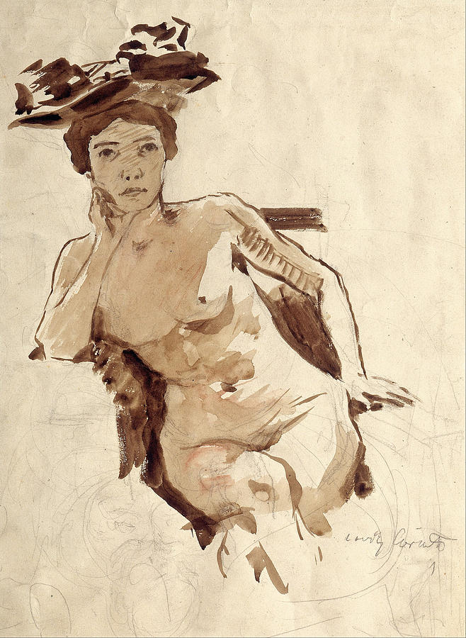 Female Semi-Nude with Hat Drawing by Lovis Corinth