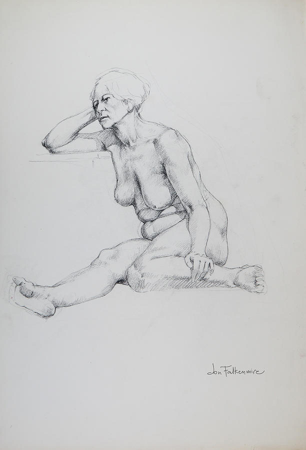 Female Sitting On Floor, One Leg Bent Back. Student Work. Drawing