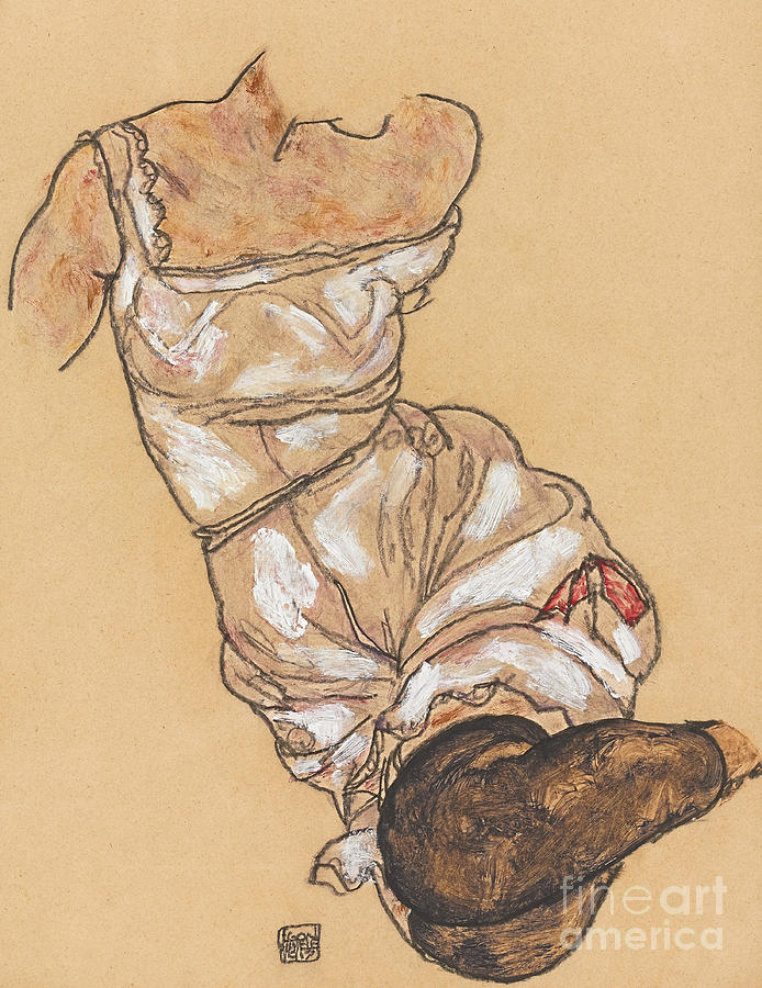 Female Torso in Lingerie and Black Stockings Drawing by Egon Schiele