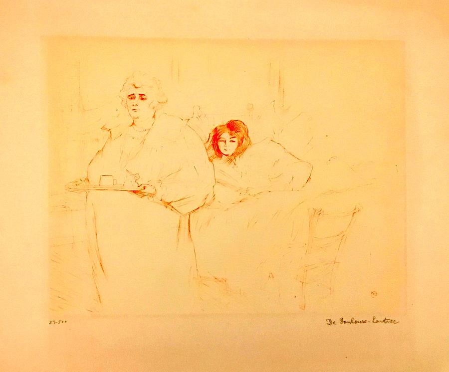 Femme au Plateau Petit Dejeuner Madame Baron et Mademoiselle Popo Drawing by Henri De Toulouse Lautrec