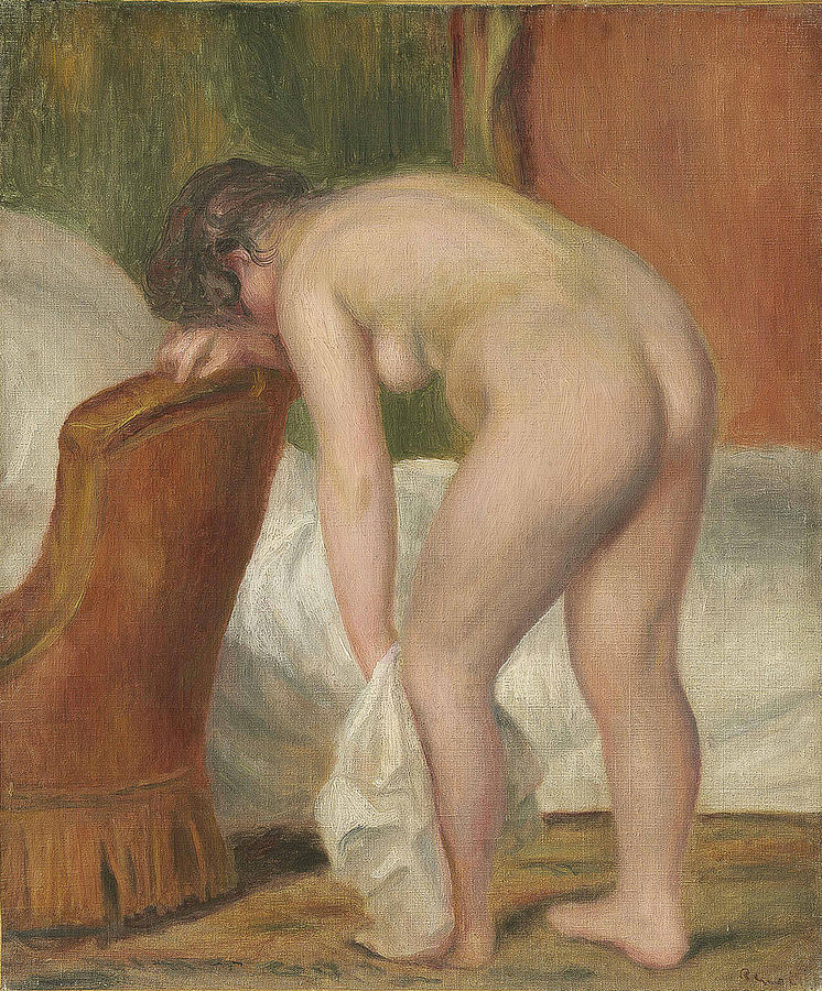 Femme nue debout, sessuyant la jambe Painting by Pierre-Auguste Renoir