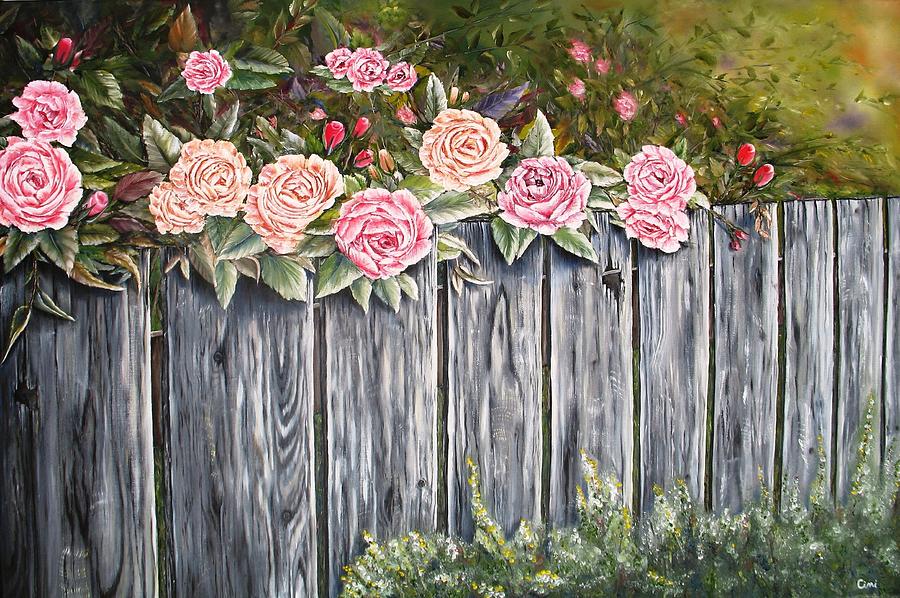 Pink Painting - Fence Of Roses by Lisa Cini Pink Painting - Fence Of Roses by Lisa Cini
