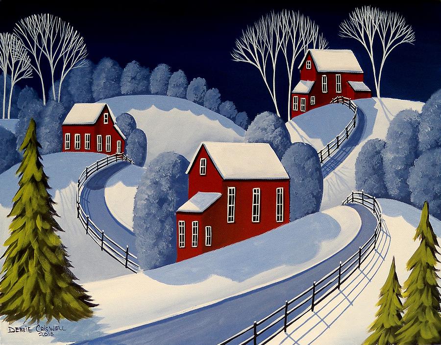 Fenced Roads - folk art winter landscape Painting by Debbie Criswell