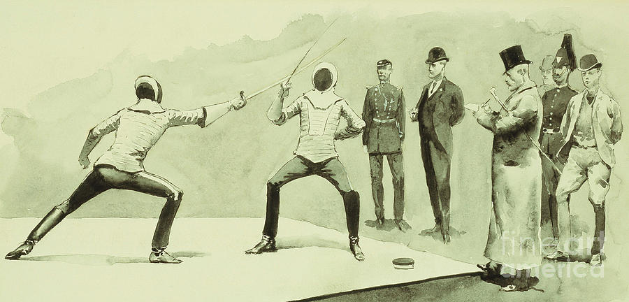Fencing at Dickels Academy Drawing by Frederic Remington
