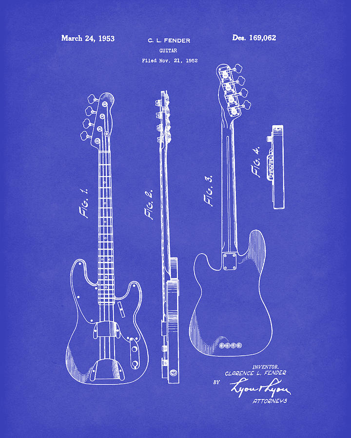 Fender Bass Guitar 1953 Patent Art Blue Dark Drawing by Prior Art Design