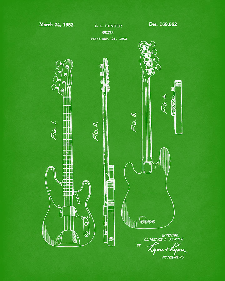 Fender Bass Guitar 1953 Patent Art Bright Green Drawing by Prior Art Design
