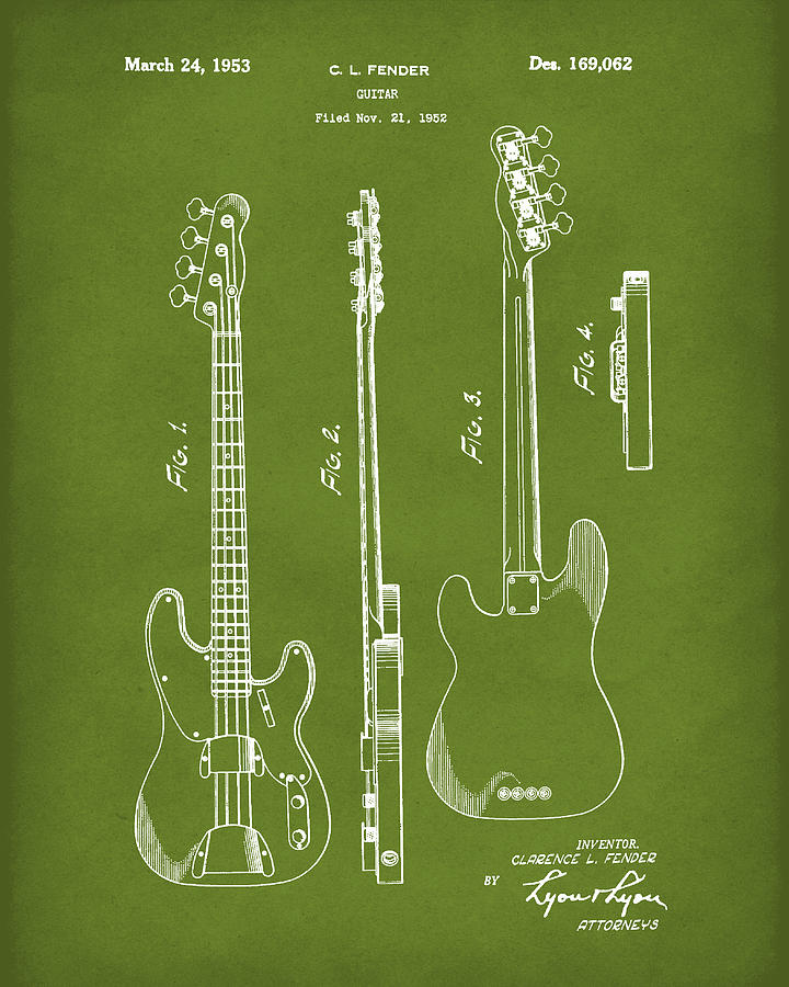 Fender Bass Guitar 1953 Patent Art Green Drawing by Prior Art Design