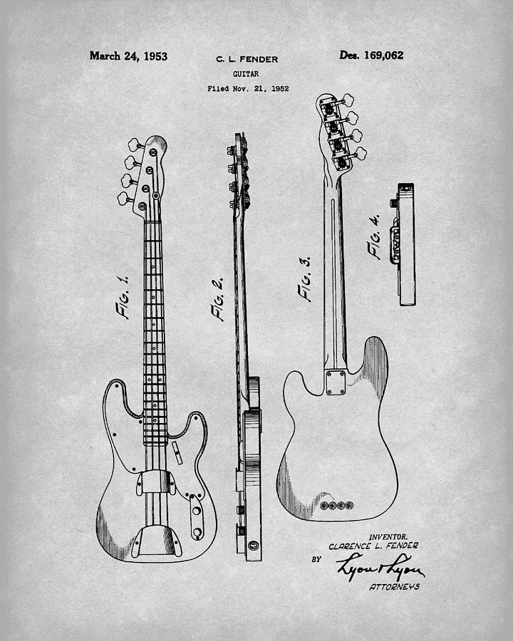 Fender Bass Guitar 1953 Patent Art Grey Drawing by Prior Art Design