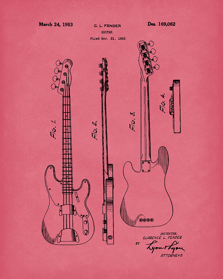 Fender Bass Guitar 1953 Patent Art Red  Drawing by Prior Art Design