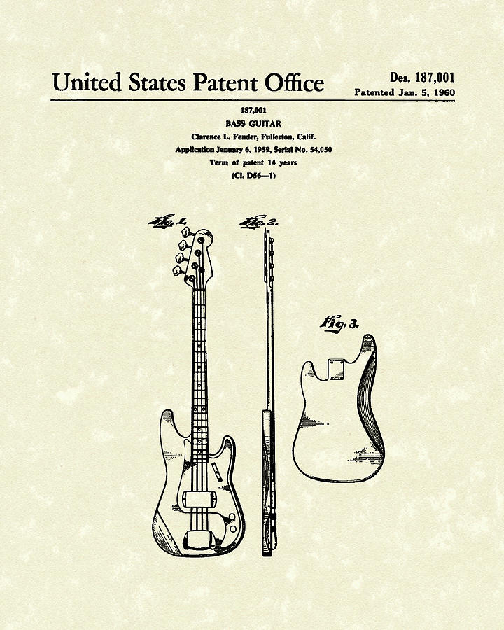Fender Drawing - Fender Bass Guitar 1960 Patent Art by Prior Art Design Fender Drawing - Fender Bass Guitar 1960 Patent Art by Prior Art Design
