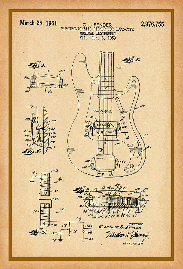 Fender Bass guitar Pickup Patent Drawing Photograph by Carlos Diaz