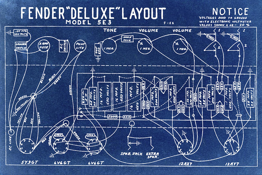 Fender Deluxe Layout Model 5E3 in Blue Photograph by Digital Reproductions