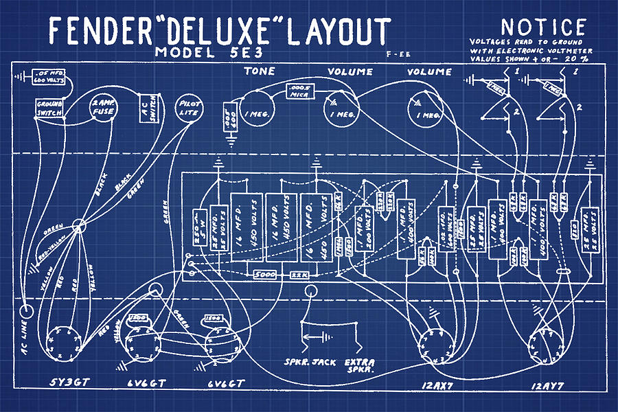 Fender Deluxe Layout Model 5E3 in Blue Print Photograph by Bill Cannon