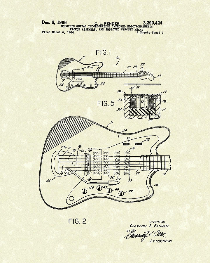 Guitar Still Life Drawing - Fender Guitar 1966 Patent Art by Prior Art Design