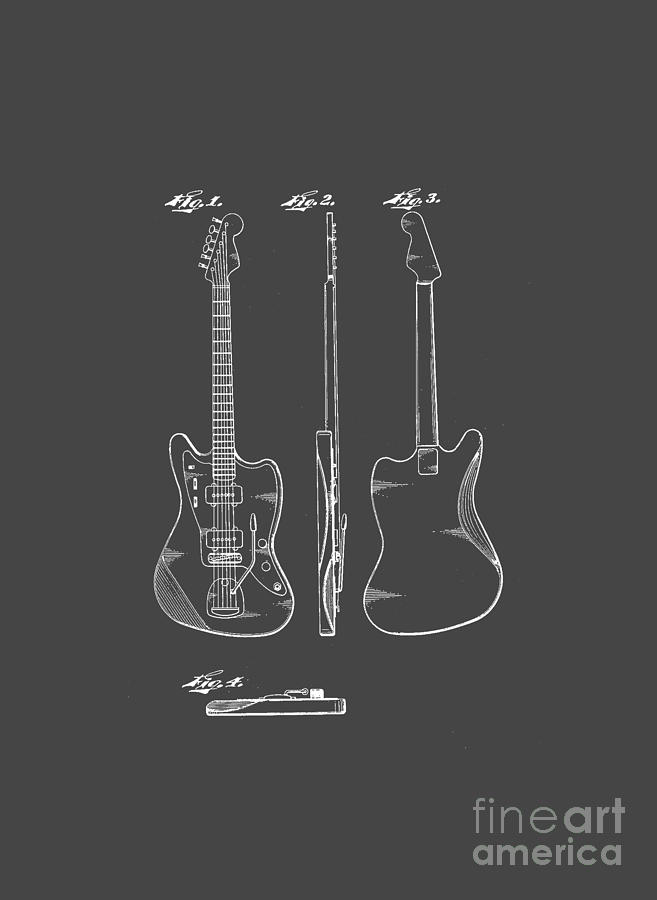 Music Drawing - Fender Guitar Drawing Tee by Edward Fielding