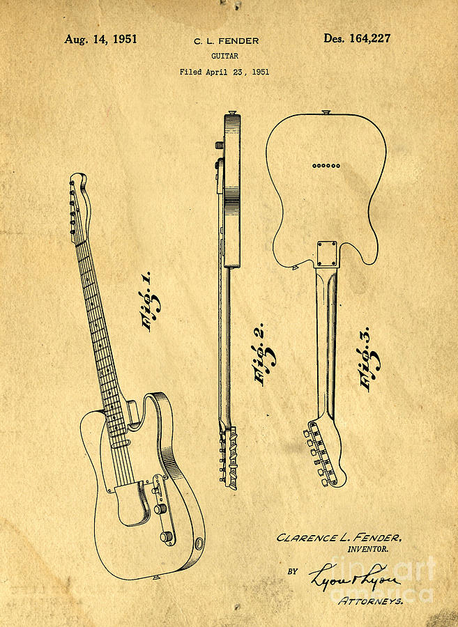 Music Drawing - Fender Guitar Patent by Edward Fielding
