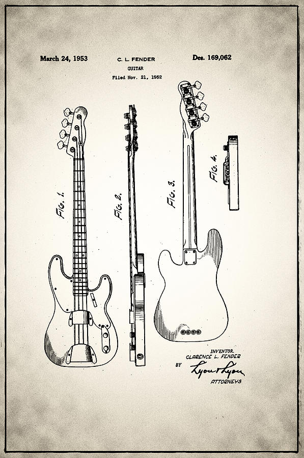 Bass Digital Art - Fender Precision Bass Patent 1952 by Bill Cannon