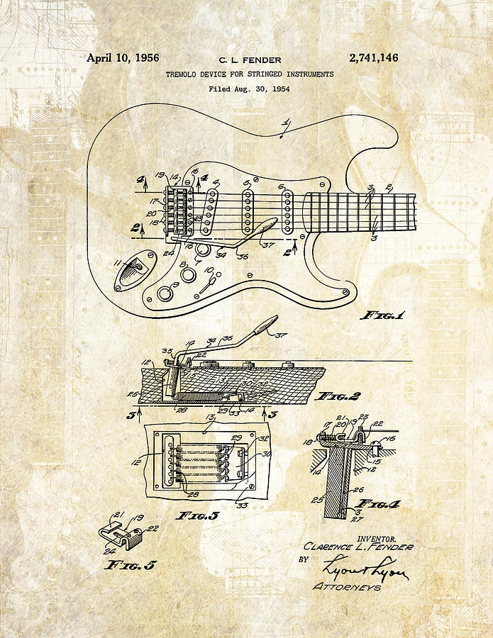 Fender Stratocaster Tremelo Patent Art III Digital Art by Gary Bodnar
