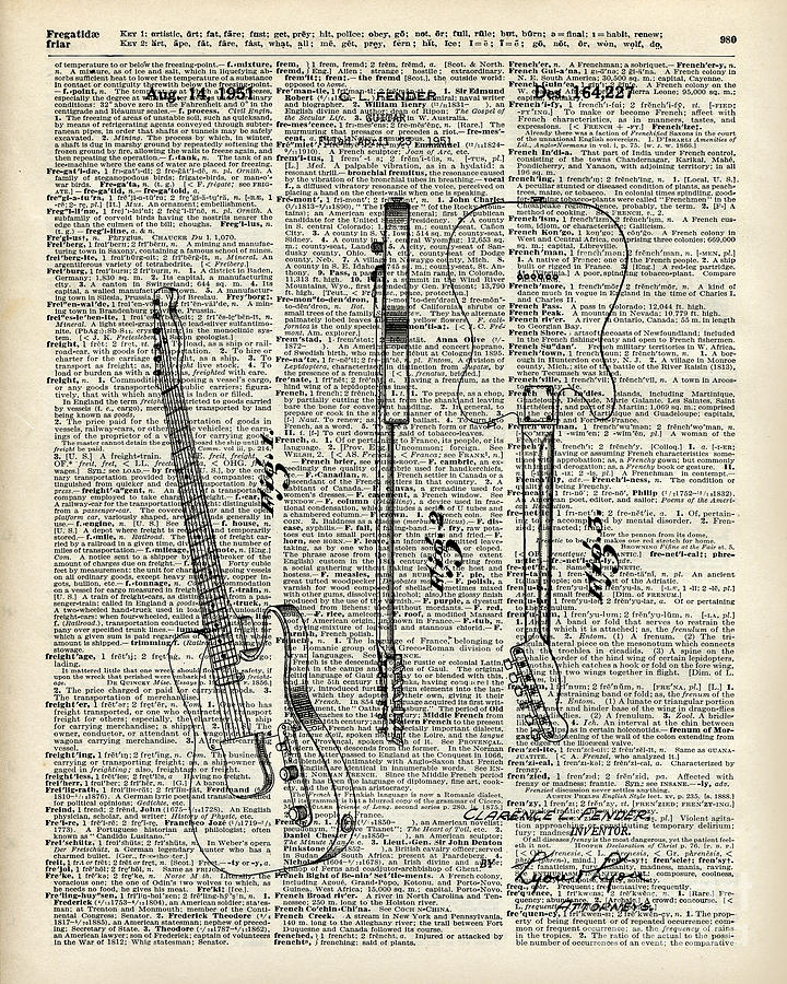 Music Drawing - Fender telecaster guitar over dictionary page by Anna W