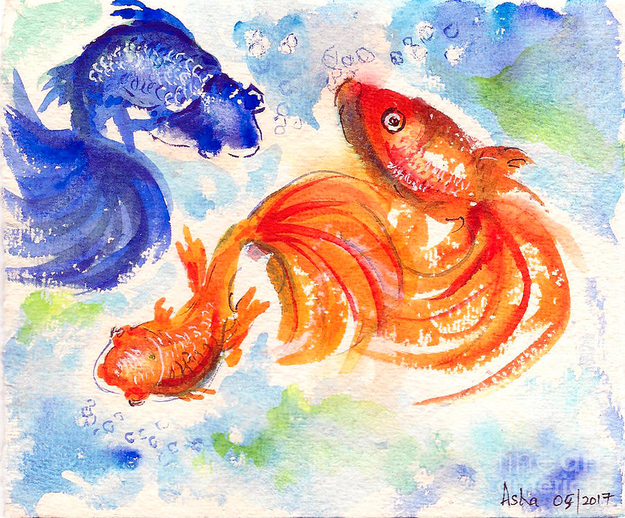 Feng Shui fishes Painting by Asha Sudhaker Shenoy