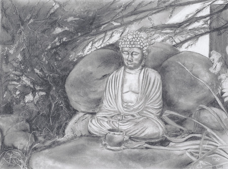 Feng Shui Garden Buddha Drawing by Madeleine Arnett